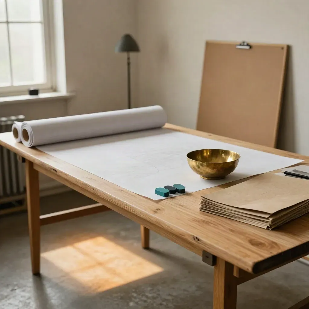 Founder workshop materials on a pale oak table in a converted studio with brass and teal accents.
