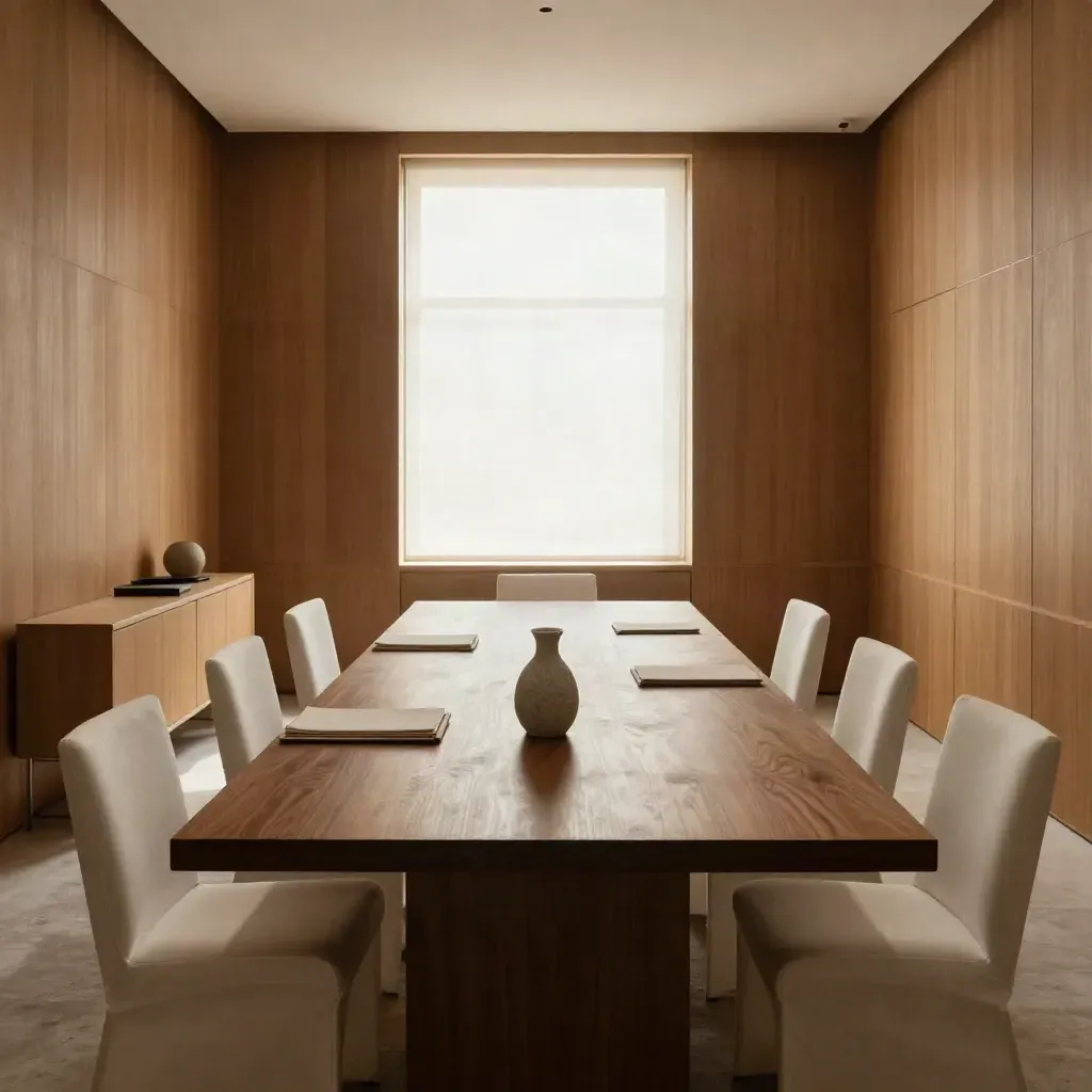 Compact modern meeting room with walnut table, white chairs, acoustic panels and bright back window.