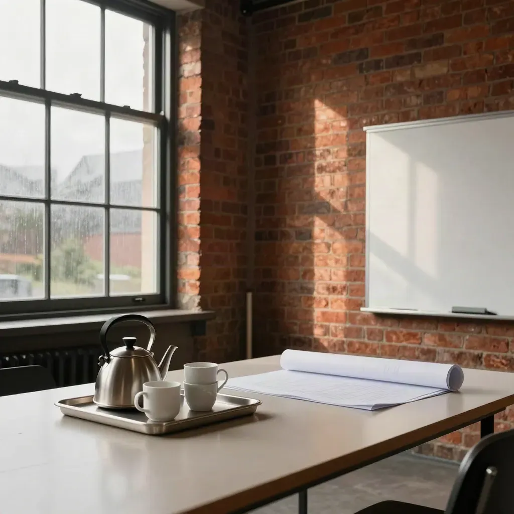 Industrial advisory room with brick wall, pale table, kettle tray and workshop materials by the window.