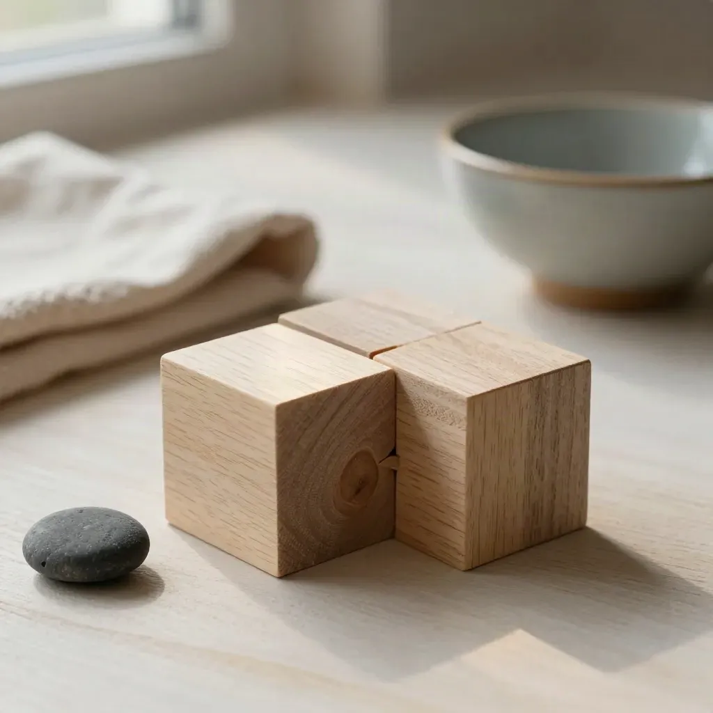 Wooden blocks, pebble, linen cloth and ceramic bowl on pale wood, suggesting a team fix.